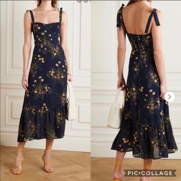 Reformation Dresses & Skirts - Reformation Navy Floral Midi Dress with Yellow Accents